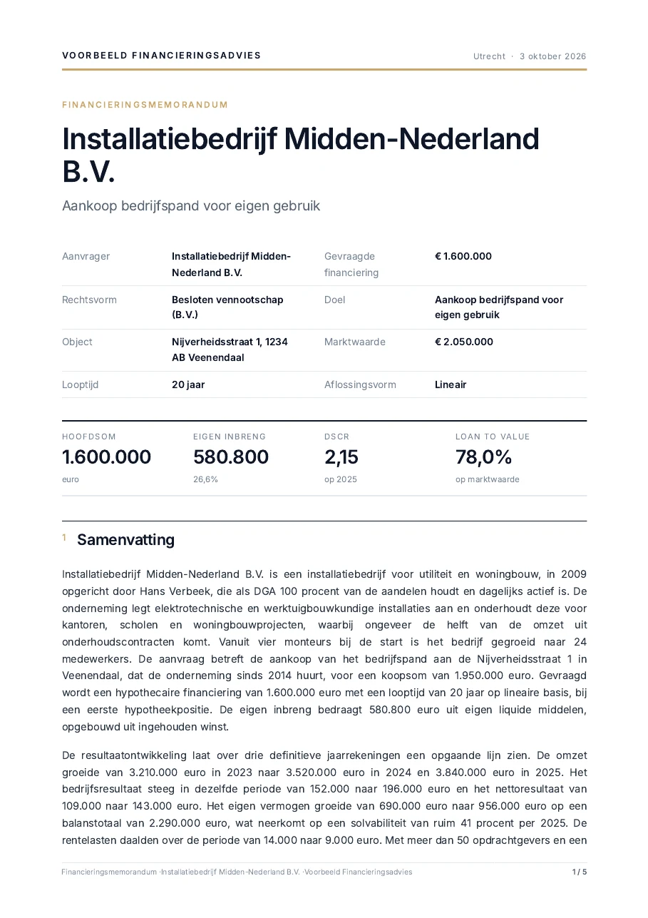 Voorpagina van het voorbeeldmemorandum: Installatiebedrijf Midden-Nederland B.V., aankoop bedrijfspand voor eigen gebruik